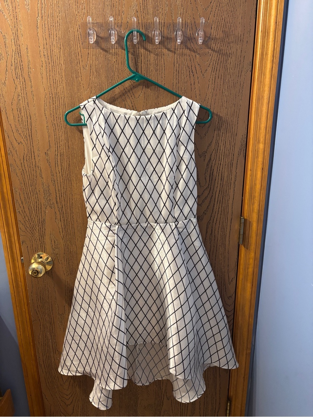 Sleeveless White Dress with Navy Diamond Grid Hi-Low Hem